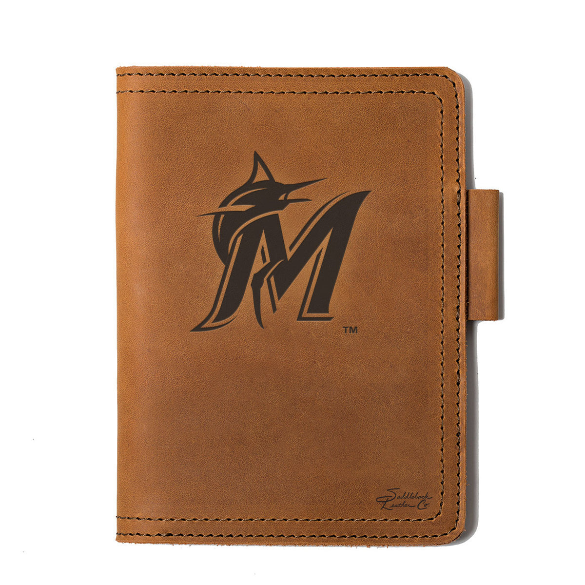 Leather Journal Cover - Miami Marlins in Tobacco, front cover with embossed Marlins M logo and pen loop