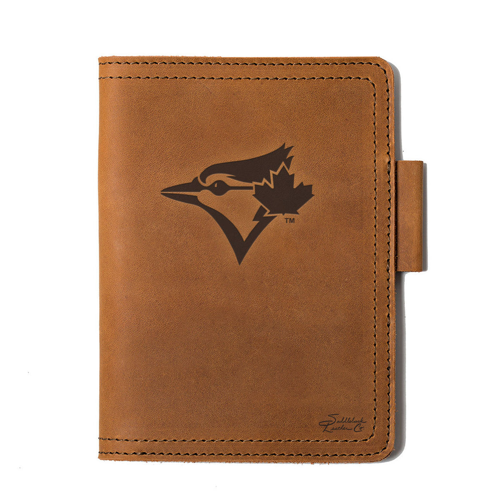 Leather Journal Cover - Toronto Blue Jays in Tobacco, front cover with embossed Blue Jays bird logo and pen loop