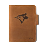 Leather Journal Cover - Toronto Blue Jays in Tobacco, front cover with embossed Blue Jays bird logo and pen loop