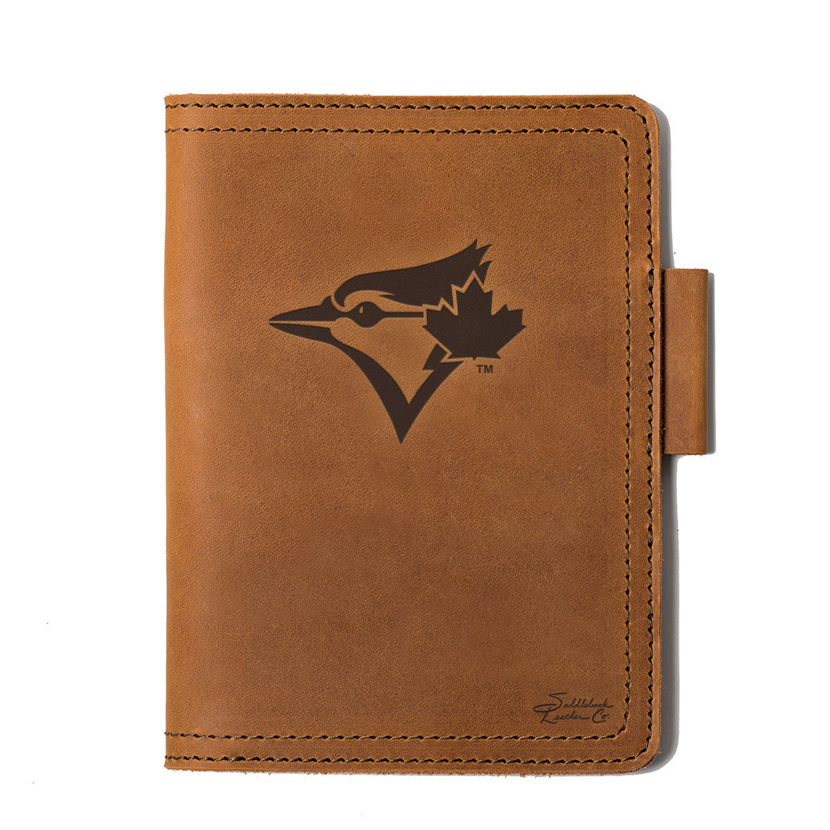 Leather Journal Cover - Toronto Blue Jays in Tobacco, front cover with embossed Blue Jays bird logo and pen loop
