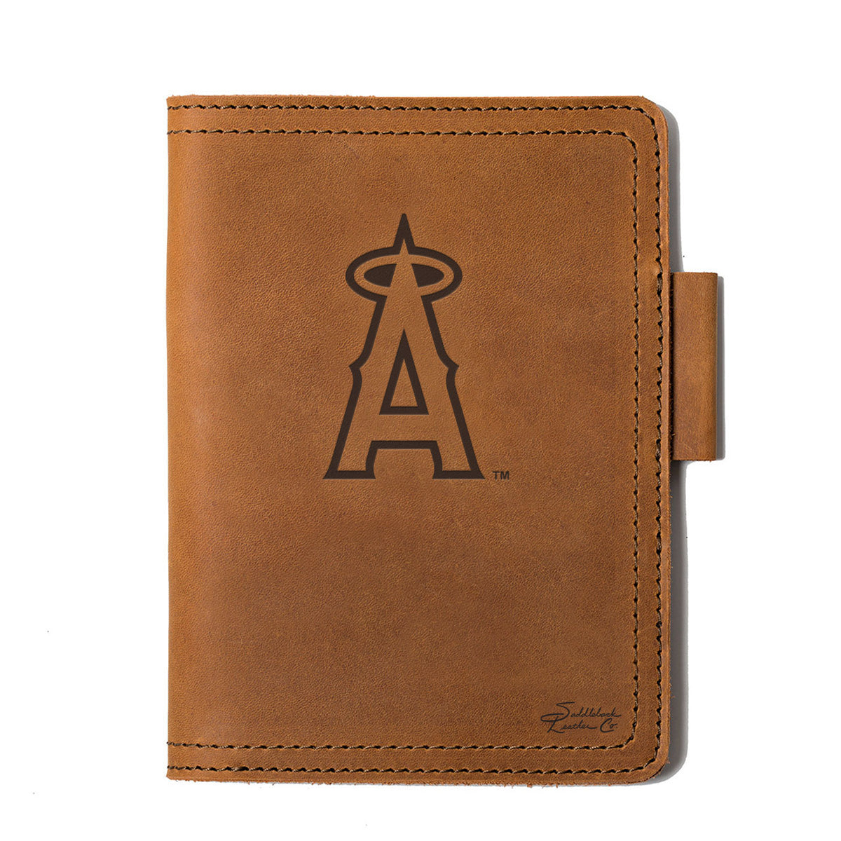 Leather Journal Cover - Los Angeles Angels of Anaheim in Tobacco, front cover with embossed Angels halo A logo and pen loop