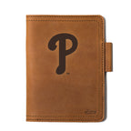 Leather Journal Cover - Philadelphia Phillies in Tobacco, front cover with embossed Phillies P logo and pen loop