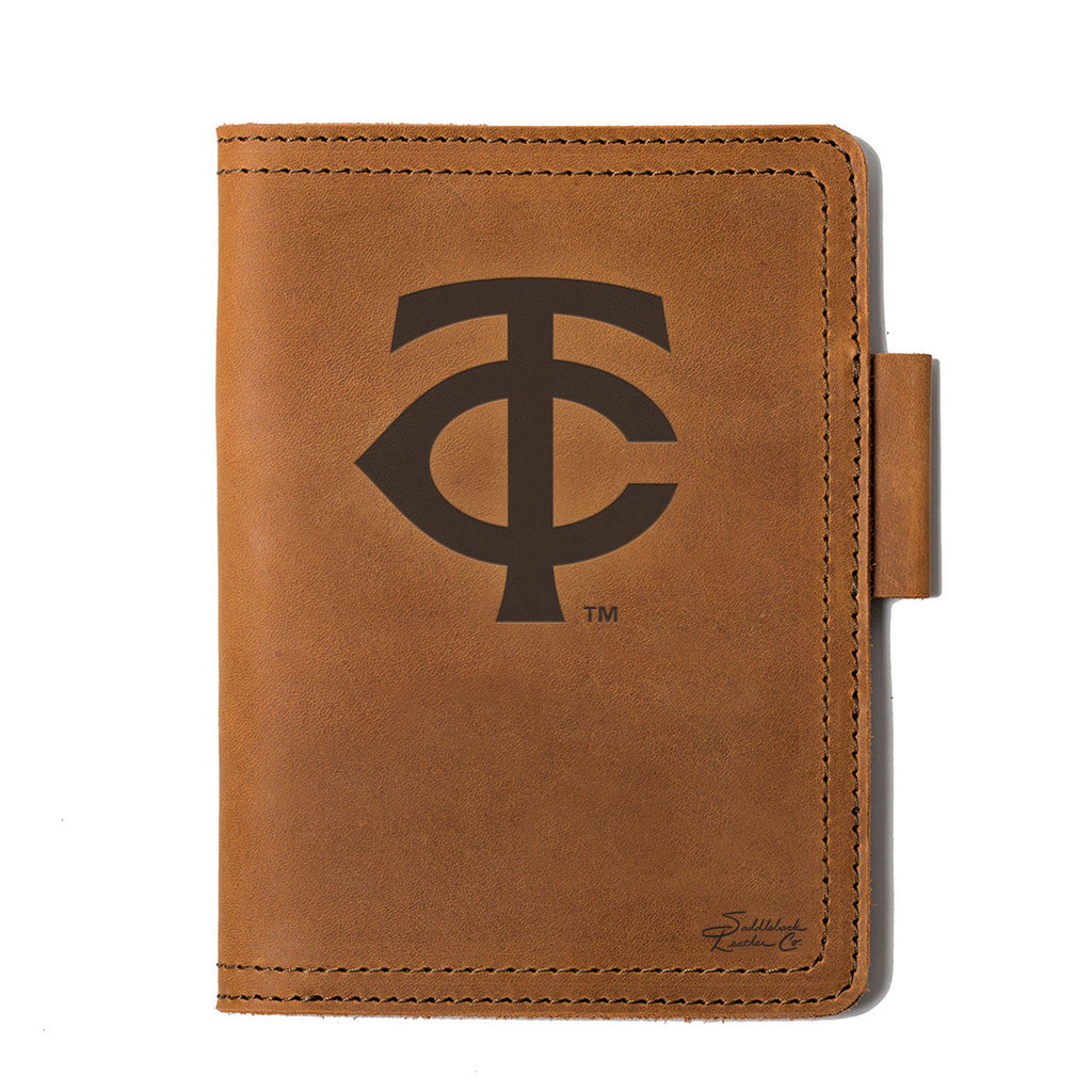 Leather Journal Cover - Minnesota Twins in Tobacco, front cover with embossed Twins TC logo and pen loop