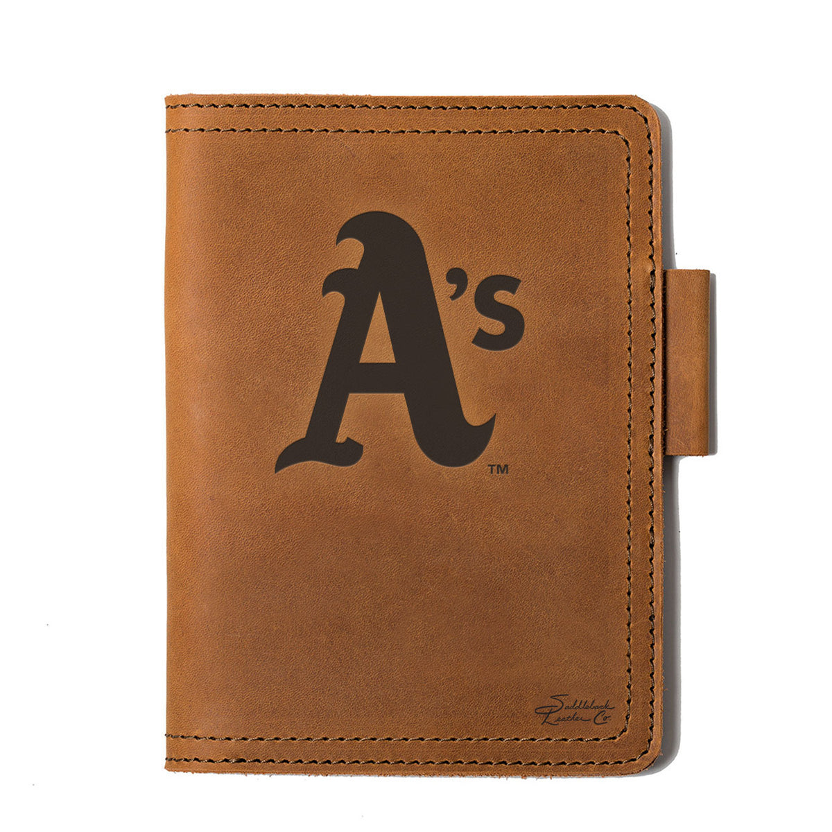 Leather Journal Cover - Oakland Athletics in Tobacco, front cover with embossed Athletics A's logo and pen loop