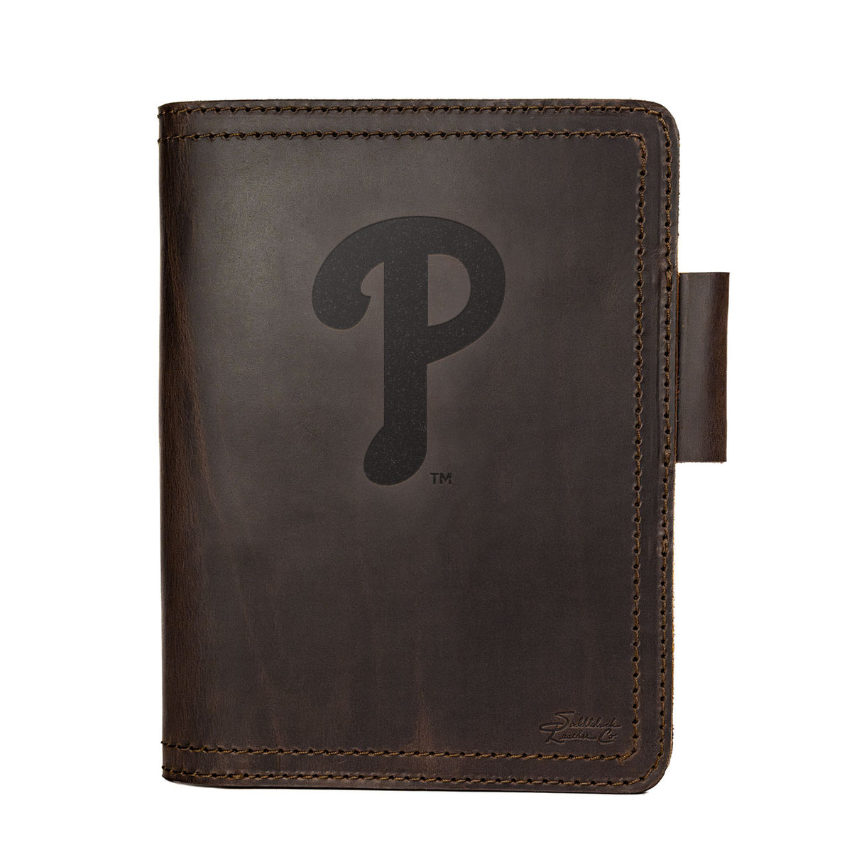 Leather Journal Cover - Philadelphia Phillies in Dark Coffee Brown, front cover with embossed Phillies P logo and pen loop