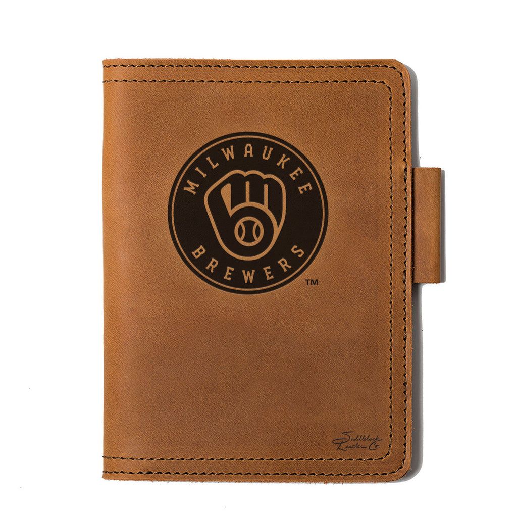 Leather Journal Cover - Milwaukee Brewers in Tobacco, front cover with embossed Brewers ball-in-glove logo and pen loop