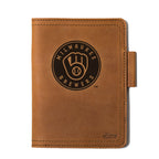 Leather Journal Cover - Milwaukee Brewers in Tobacco, front cover with embossed Brewers ball-in-glove logo and pen loop