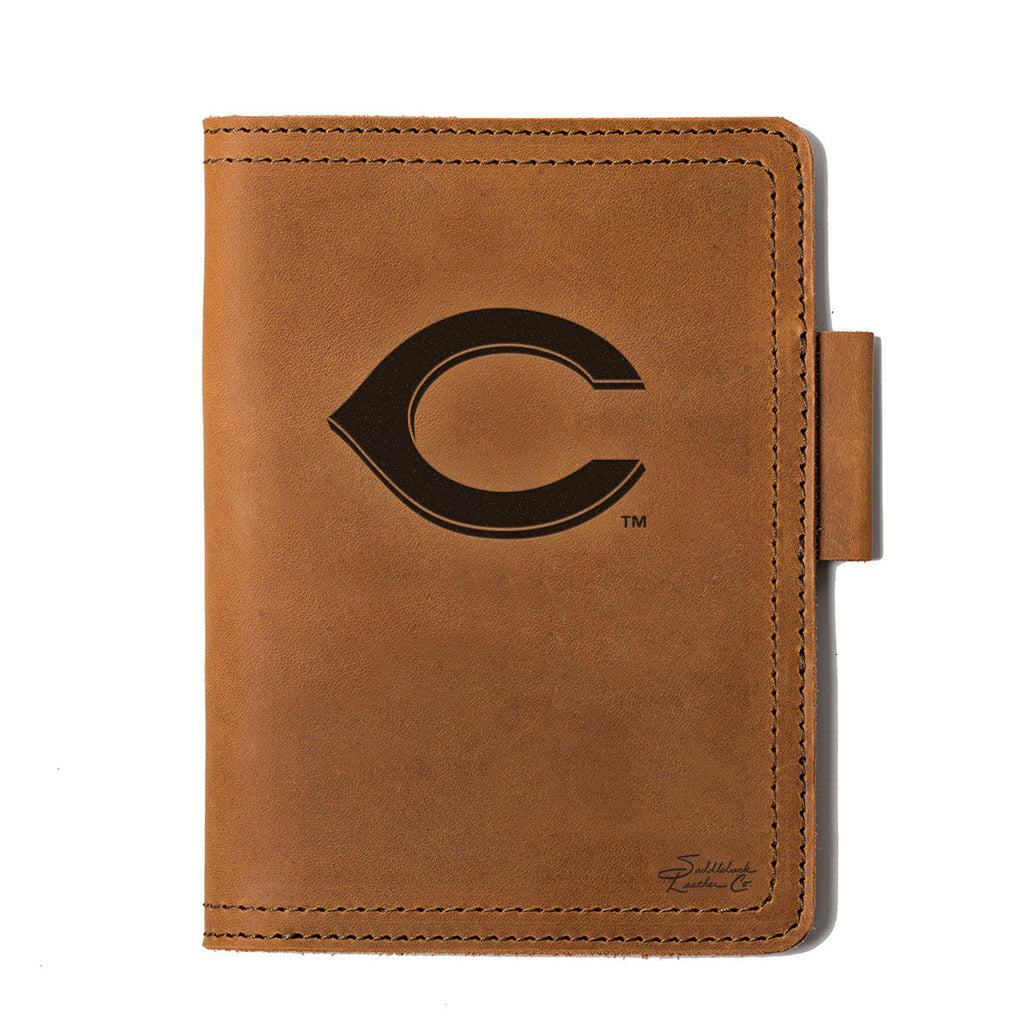Leather Journal Cover - Cincinnati Reds in Tobacco, front cover with embossed Reds C logo and pen loop