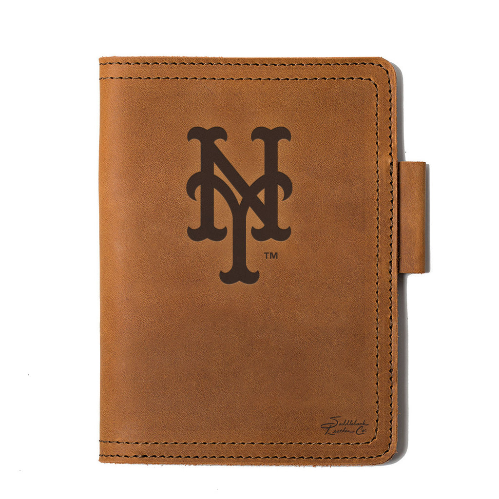 Leather Journal Cover - New York Mets in Tobacco, front cover with embossed Mets NY logo and pen loop