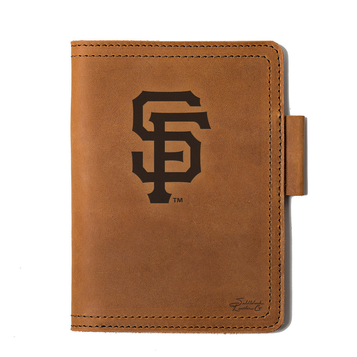 Leather Journal Cover - San Francisco Giants in Tobacco, front cover with embossed Giants SF logo and pen loop