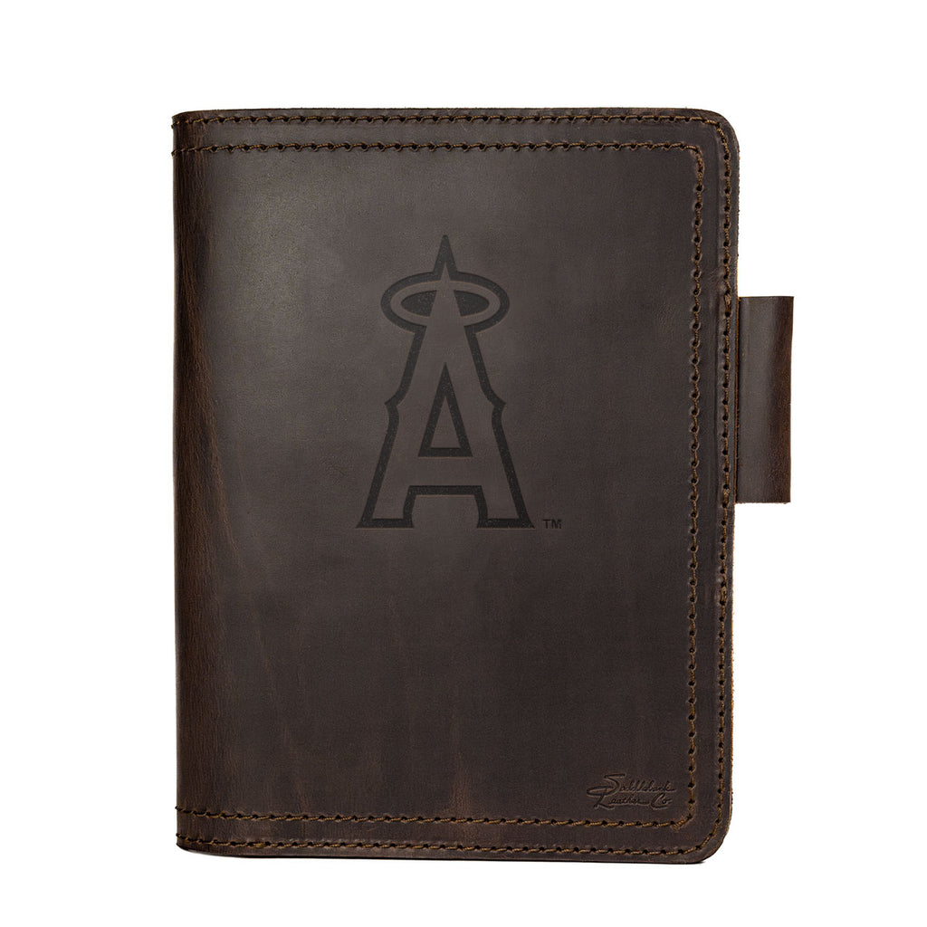 Leather Journal Cover - Los Angeles Angels of Anaheim in Dark Coffee Brown, front cover with embossed Angels halo A logo