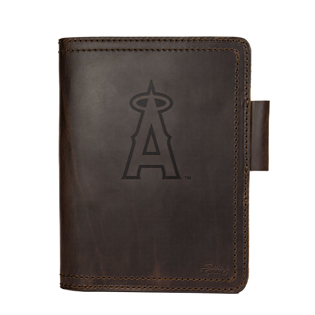 Leather Journal Cover - Los Angeles Angels of Anaheim in Dark Coffee Brown, front cover with embossed Angels halo A logo