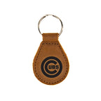 Chicago Cubs Leather Keychain in Tobacco with bullseye logo and silver key ring, front view