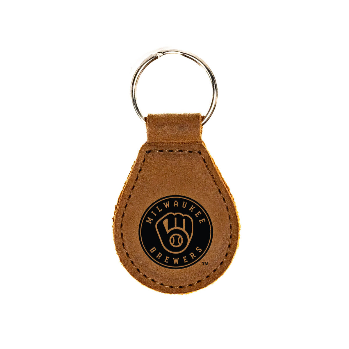 Milwaukee Brewers Leather Keychain in Tobacco with ball-in-glove logo and silver key ring, front view