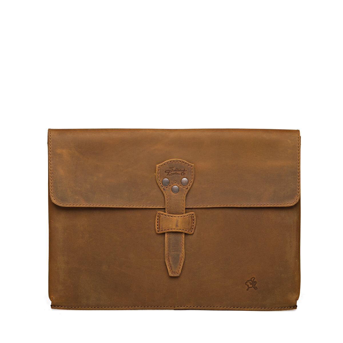 16" Document Holder in Tobacco, flat front view showing the riveted strap closure