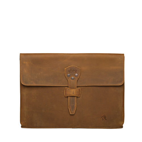 16" Document Holder in Tobacco, flat front view showing the riveted strap closure