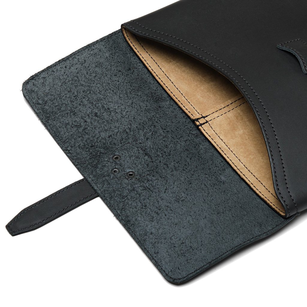 14" Document Holder in Black, close-up of open flap showing suede underside and tan interior pocket