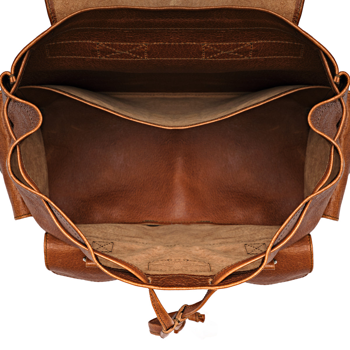 Large Travel Backpack in Bacon, top view open and empty showing the interior and drawstring