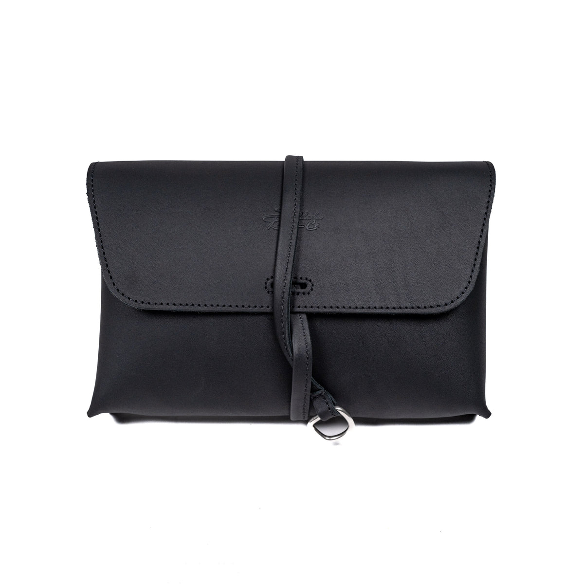 Large Leather Organizer Bag in Black, closed flap with wrapped leather tie and ring, front view