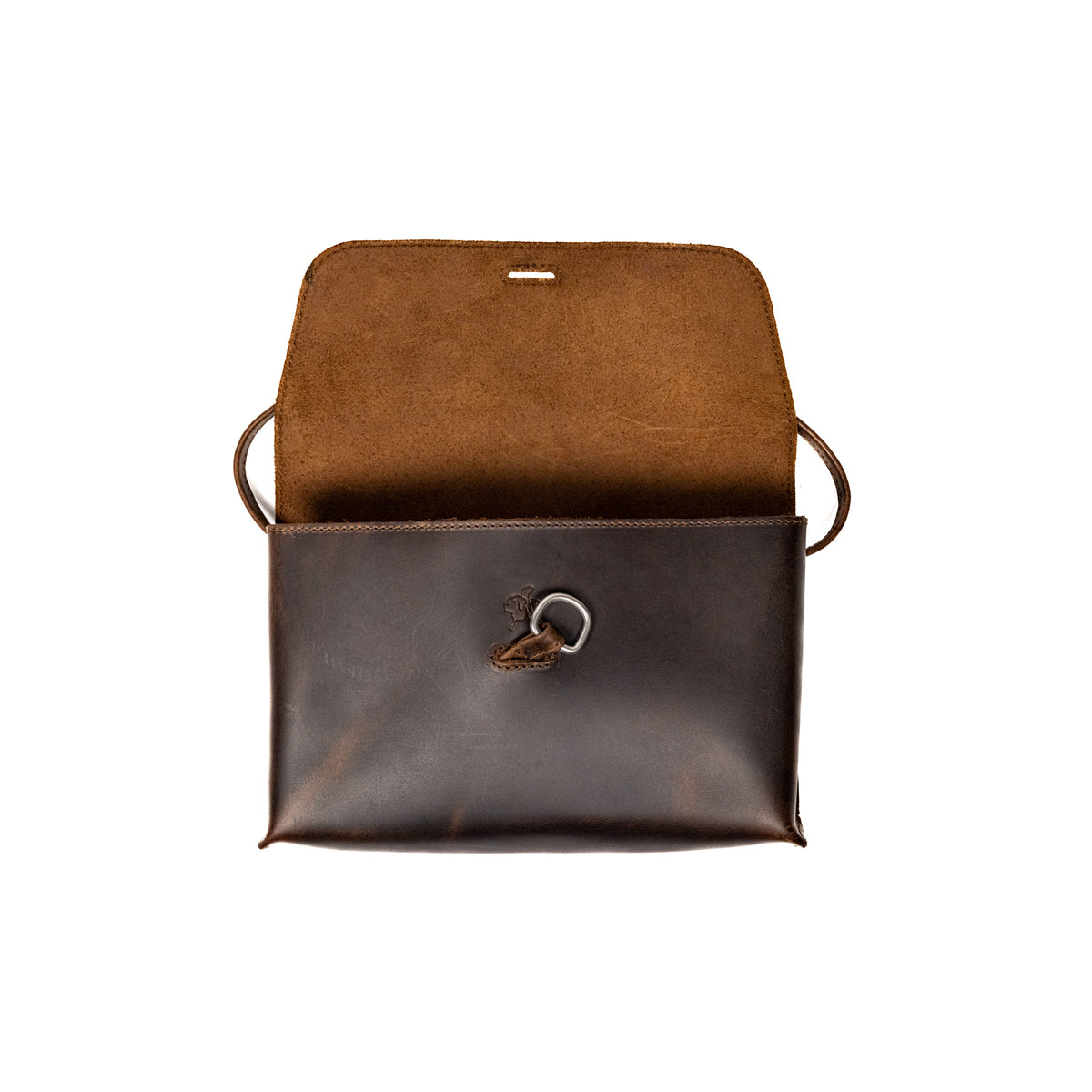 Large Leather Organizer Bag in Dark Coffee Brown, flap open showing suede underside and metal ring on the front