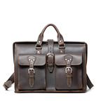 Barrister's Briefcase in Dark Coffee Brown, front view with top handles, center buckle strap and two buckled front pockets
