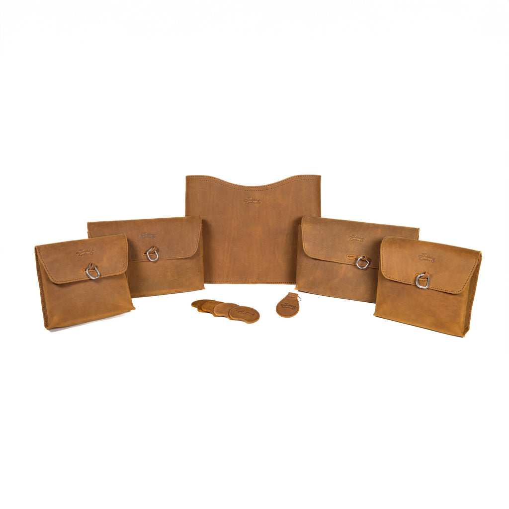 Auto Organizer Set in Tobacco, full set of four organizer bags, seat gap filler, cupholder coasters and keychain