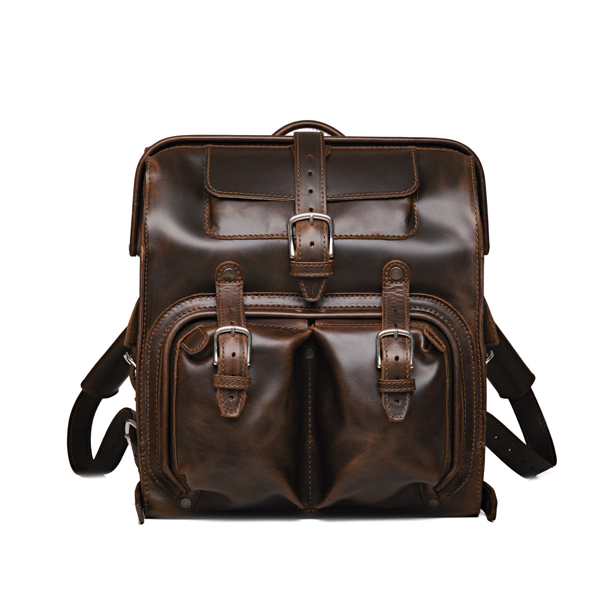 Big Mouth Leather Backpack in Dark Coffee Brown, front view with buckled pockets and top handle