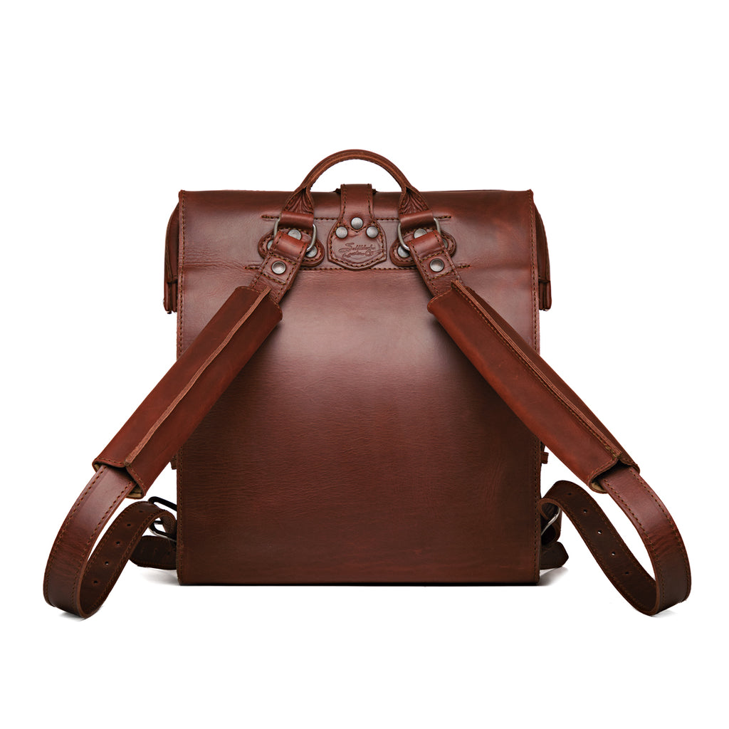 Big Mouth Leather Backpack in Chestnut, back view with shoulder straps and top handle