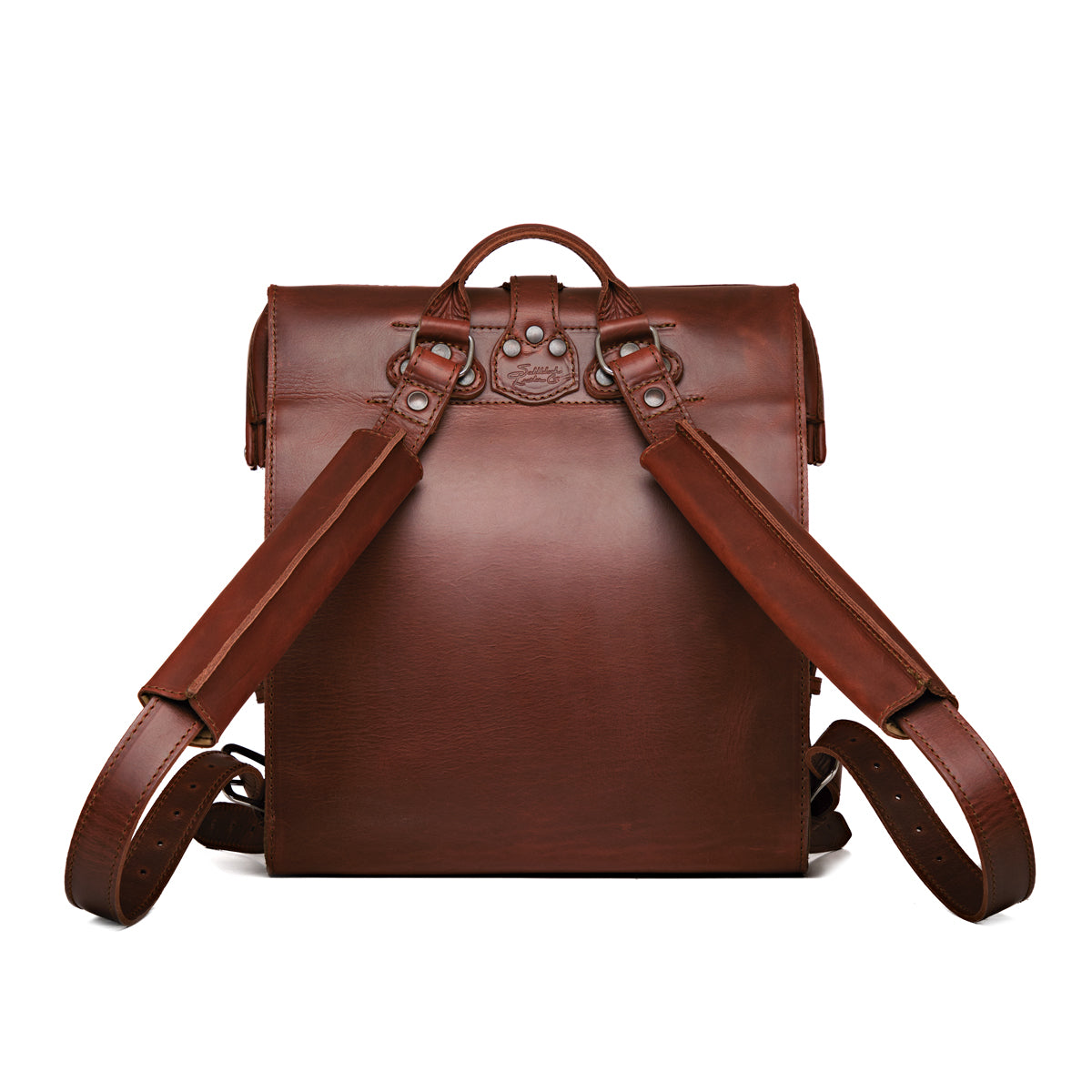 Big Mouth Leather Backpack in Chestnut, back view with shoulder straps and top handle