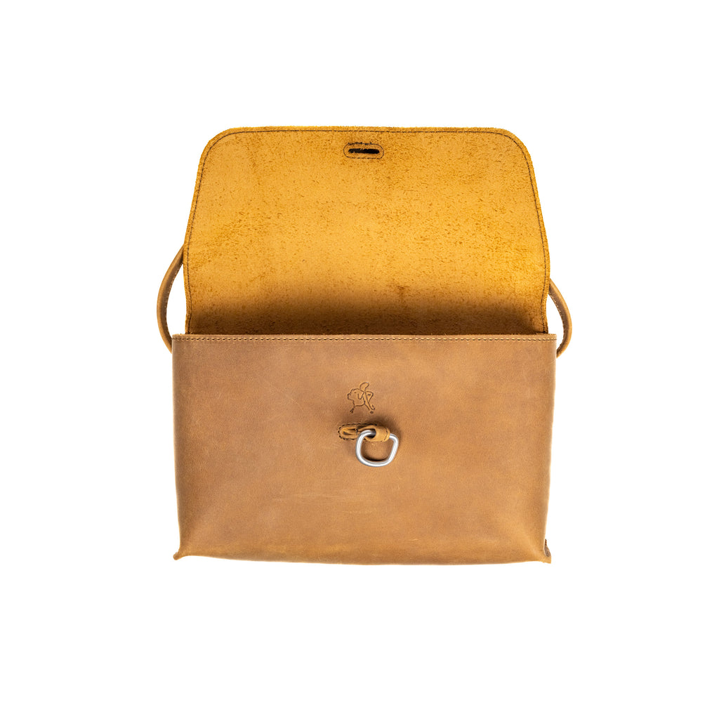 Large Leather Organizer Bag in Tobacco, flap open showing suede underside and metal ring on the front