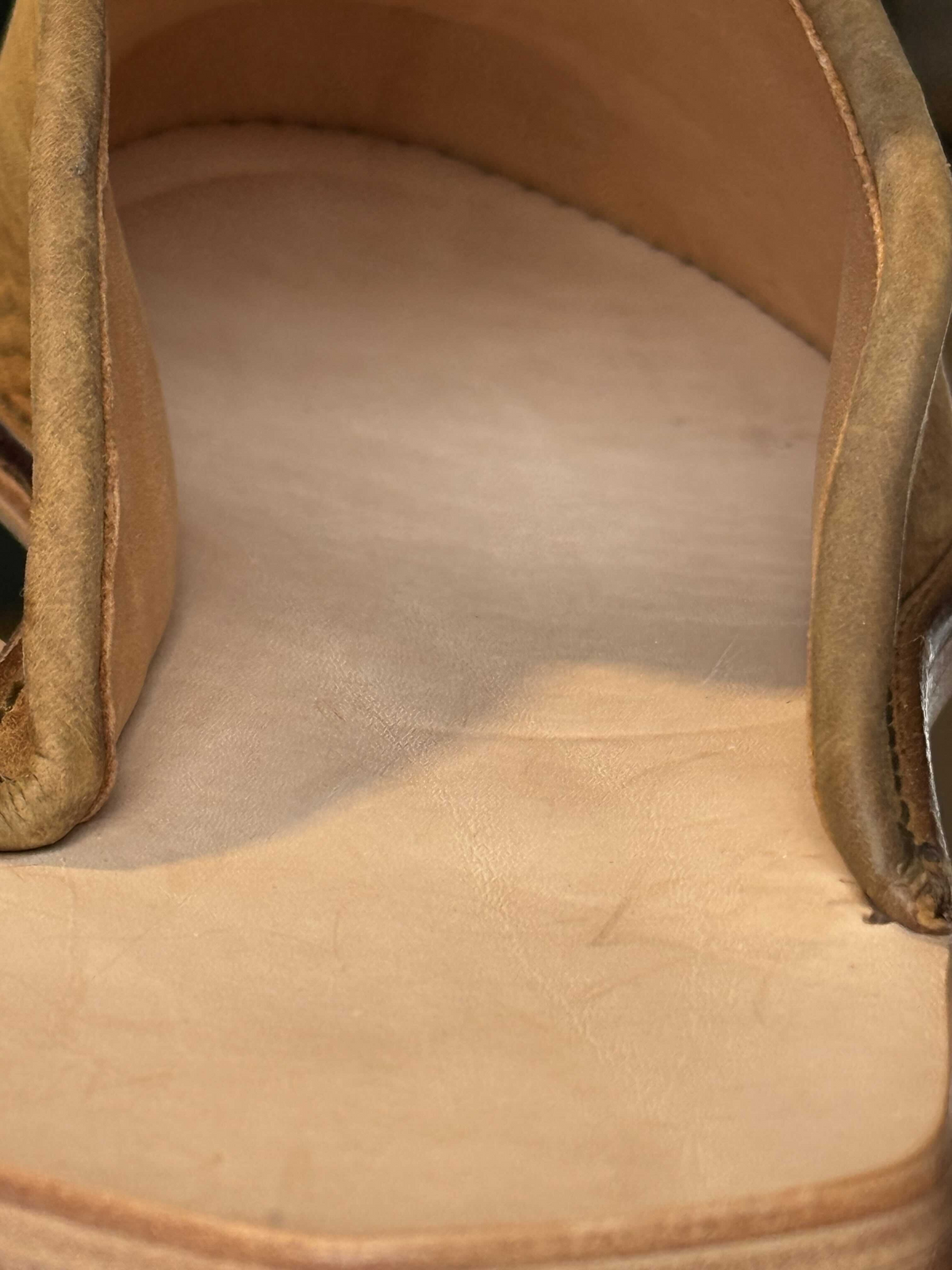 Close-up of the vegetable tanned leather sole lining inside a barefoot minimalist shoe