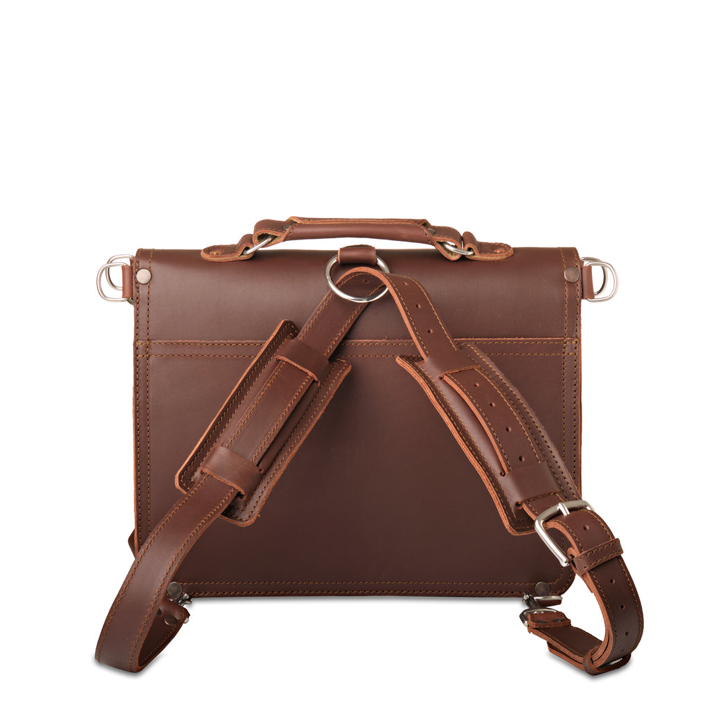 Thin Front Pocket Leather Briefcase in Chestnut, back view with backpack straps attached