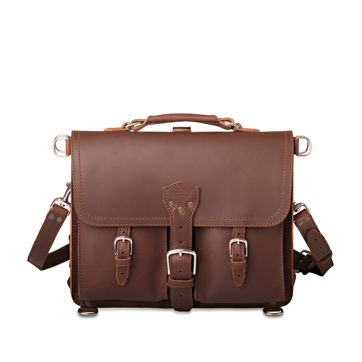 Thin Front Pocket Leather Briefcase in Chestnut, front view with two buckled front pockets and shoulder strap