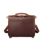 Thin Front Pocket Leather Briefcase in Chestnut, back view with top handle and luggage handle pass-through