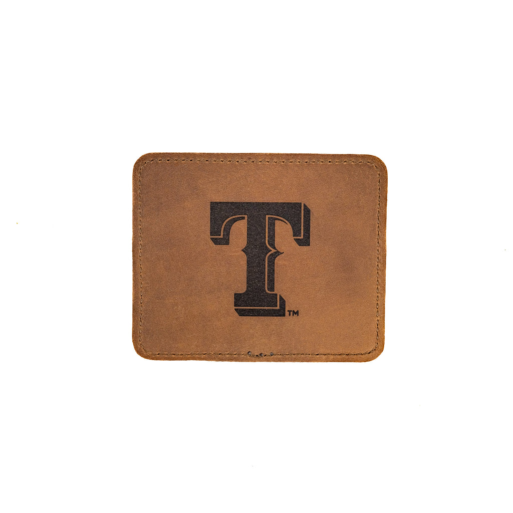 Texas Rangers Leather Coaster in Tobacco, single coaster top view with embossed T logo
