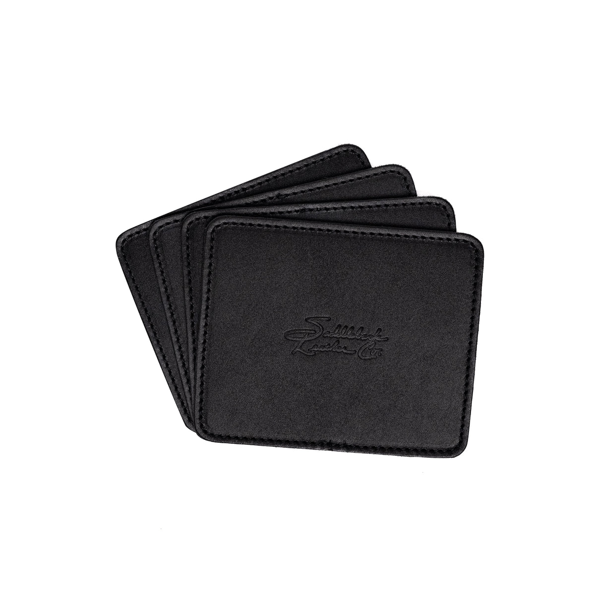 Leather Coaster Set in Black, four fanned coasters with embossed Saddleback logo