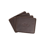 Leather Coaster Set in Dark Coffee Brown, four fanned coasters with embossed Saddleback logo
