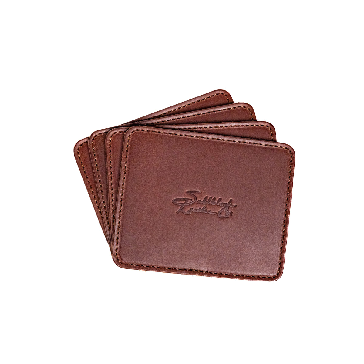 Leather Coaster Set in Chestnut, four fanned coasters with embossed Saddleback logo