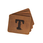 Texas Rangers Leather Coaster Set in Tobacco, four fanned coasters with embossed T logo