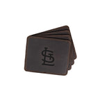 St. Louis Cardinals Leather Coaster Set in Dark Coffee Brown, four fanned coasters with embossed STL logo