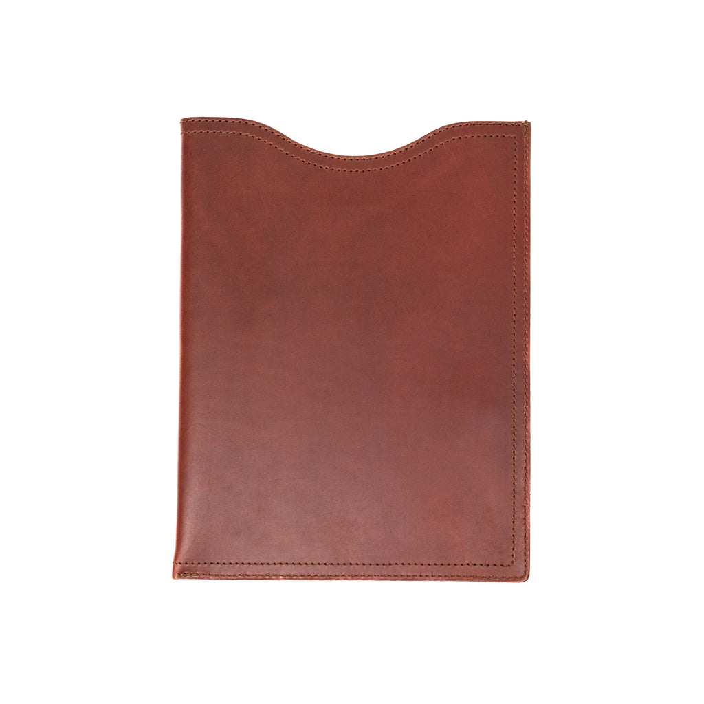 14" Vertical Laptop Sleeve in Chestnut, back view with curved top opening and stitched edges