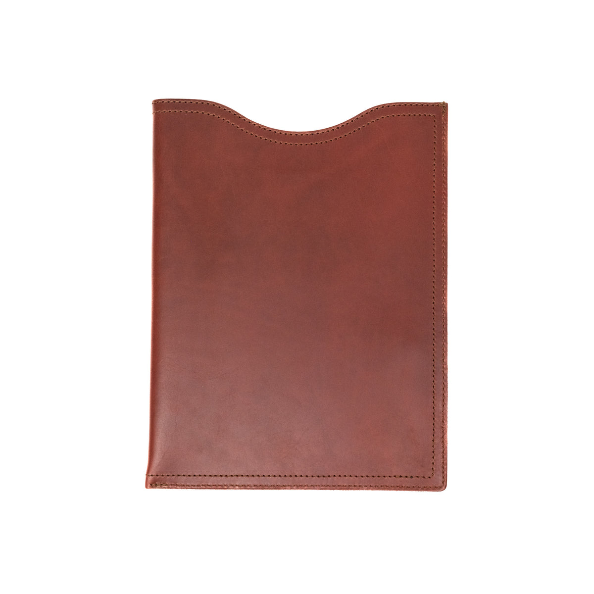 14" Vertical Laptop Sleeve in Chestnut, back view with curved top opening and stitched edges