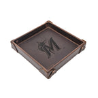 Miami Marlins Leather Valet Tray in Dark Coffee Brown with riveted corners and embossed M and marlin logo