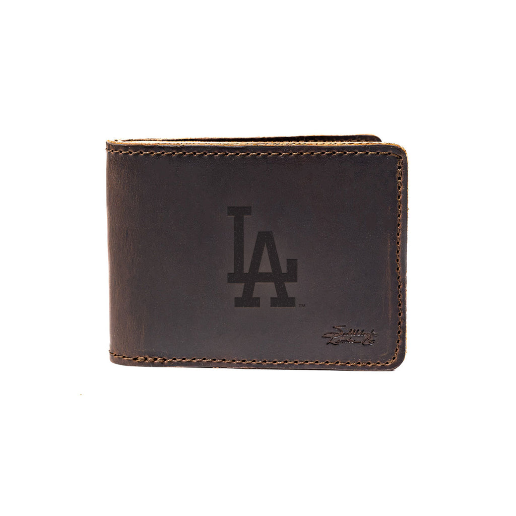 Leather Bifold Wallet in Dark Coffee Brown with embossed Los Angeles Dodgers LA logo, closed front view