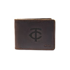 Leather Bifold Wallet in Dark Coffee Brown with embossed Minnesota Twins TC logo, closed front view
