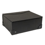 Leather Desk Box in Black, closed, angled view showing riveted leather corner guards