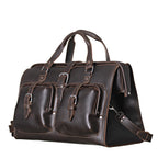 Deep Pocket Leather Duffle Bag in Dark Coffee Brown, angled front view with two buckled front pockets