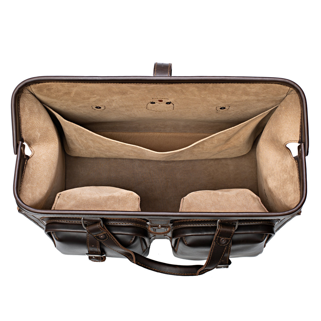 Deep Pocket Leather Duffle Bag in Dark Coffee Brown, top view of the wide-mouth opening and suede-lined interior