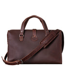 Deep Pocket Leather Duffle Bag in Chestnut, back view with handles and shoulder strap draped across