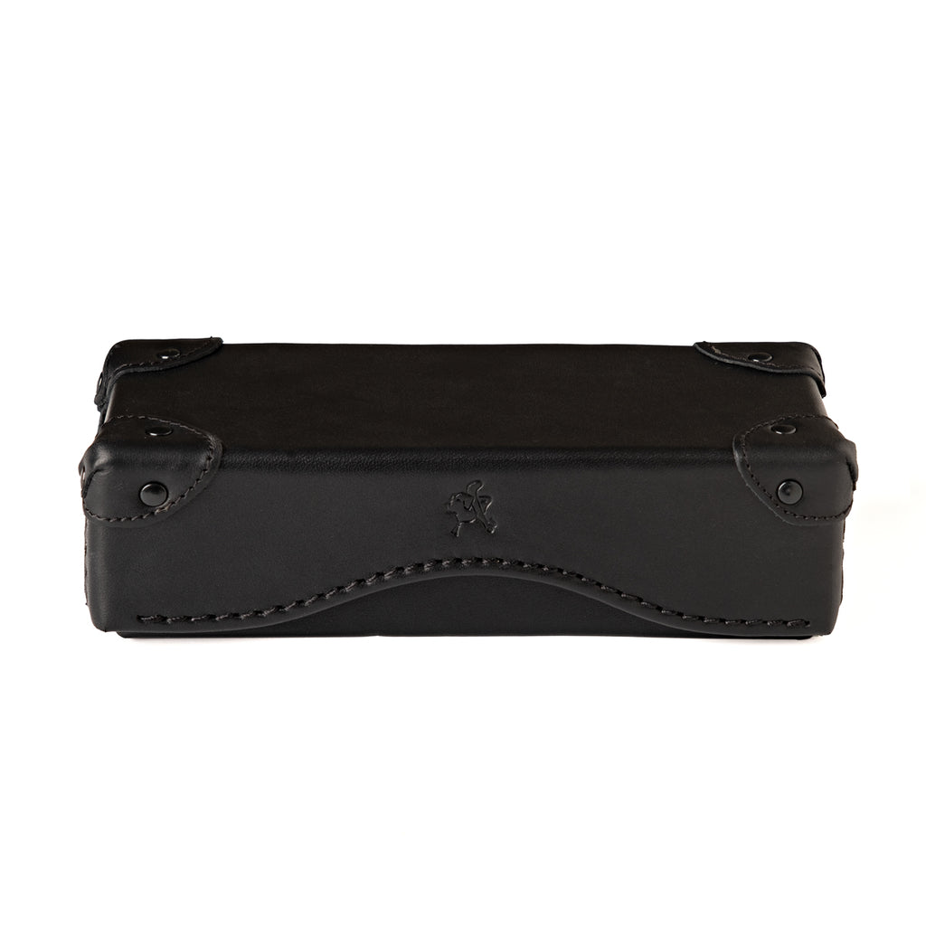 Grandfather Eyeglass Case in Black leather, closed front view with riveted corner caps and embossed tortoise